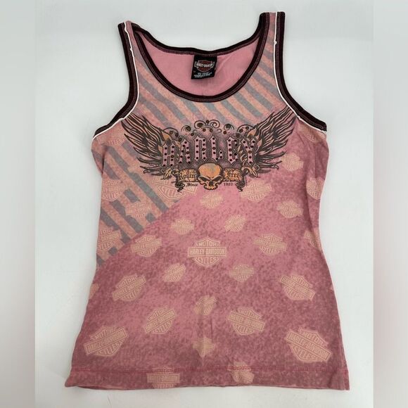 Y2k Harley Davidson Studded Graphic Tank Top Pink Grunge Biker Skull Sz M - Picture 1 of 8